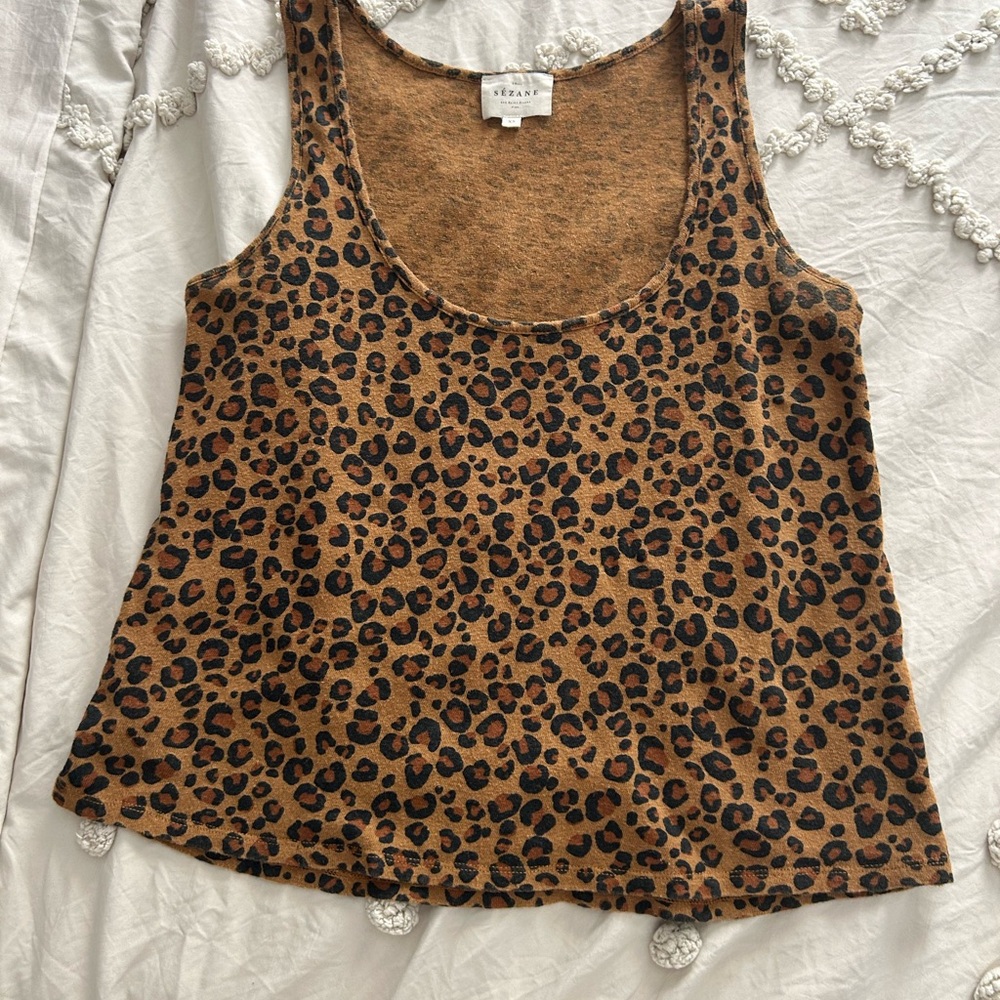 Sézane John Tank Top XS Leopard Print Organic Cotton Linen Blend